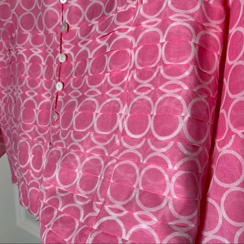 i.e. feminine y2k pink silk blouse with ruffle scoop neckline and bell sleeves L - Picture 8 of 9